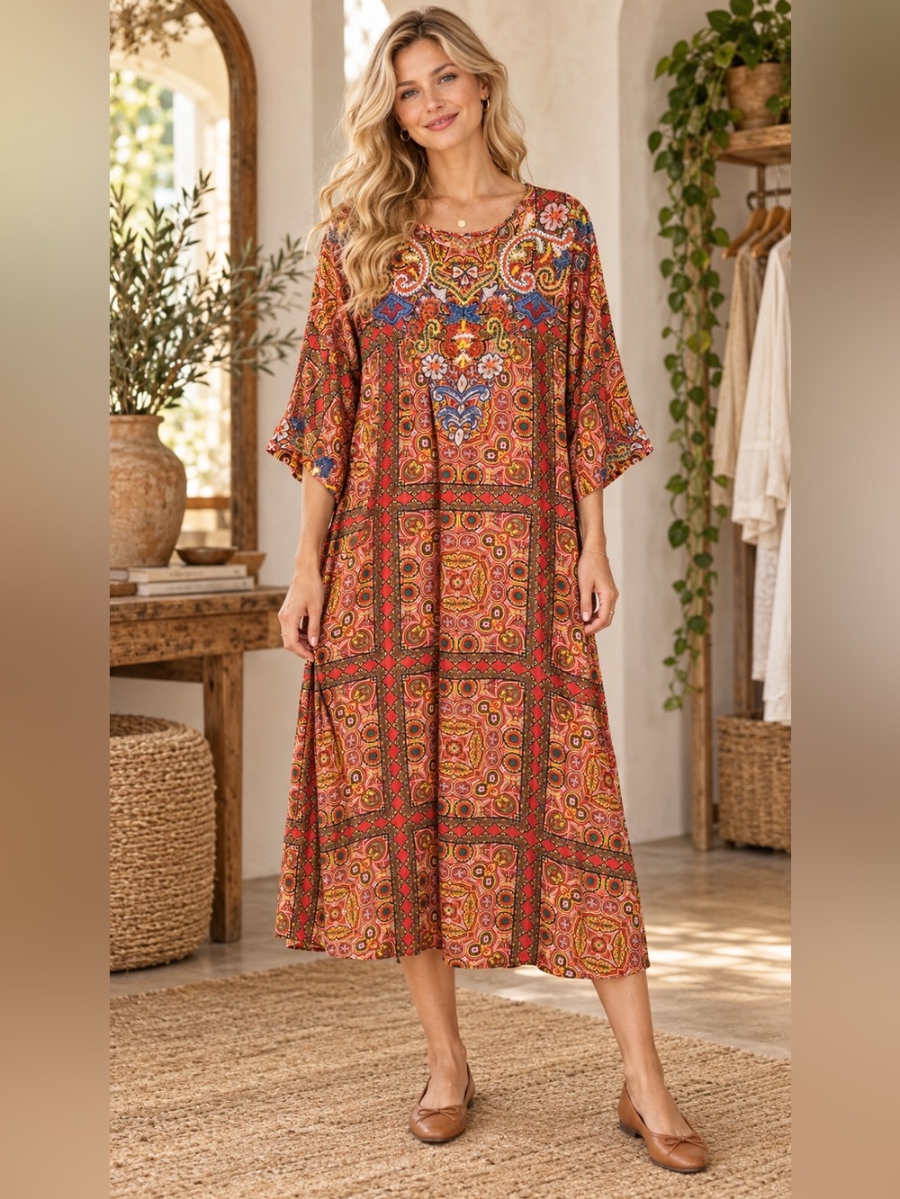 Zara Embroidered Beaded Orange Boho Printed Tunic Kaftan Style Midi Dress XL